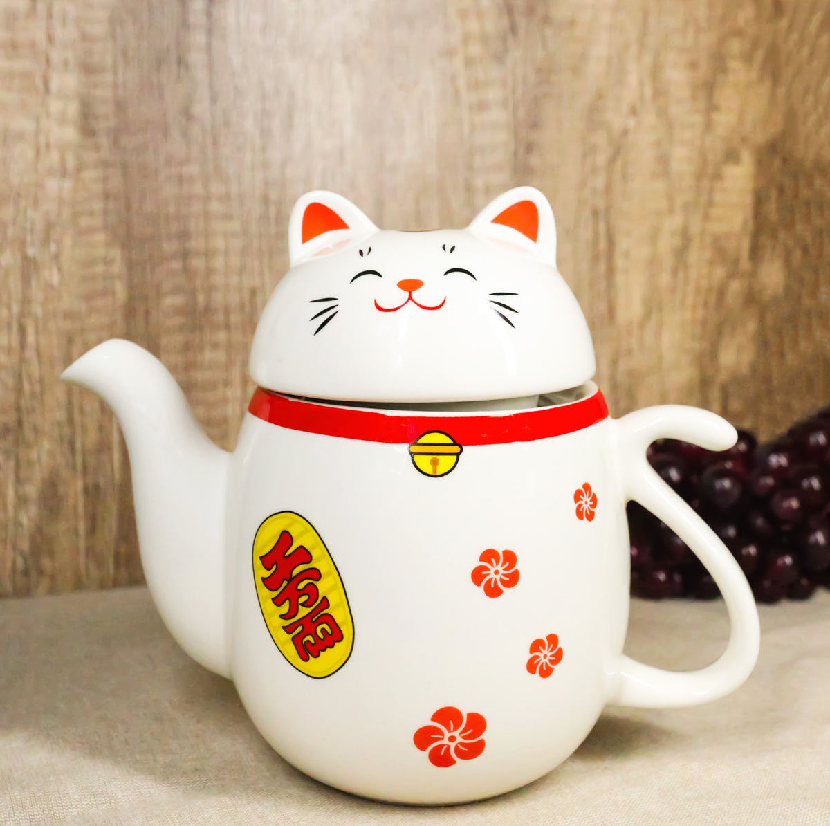 Japanese Maneki Neko Lucky Beckoning Cat Ceramic Tea Pot With Metal Strainer - Ebros Gift
