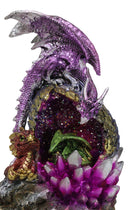 Purple Mother Dragon Guarding LED Faux Crystals Egg With Hatchlings Figurine