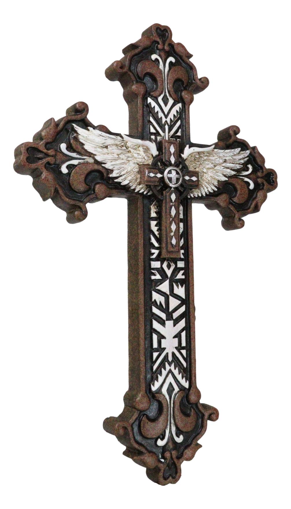 Rustic Western Mayan Aztec Ancient Symbols With Angel Wings Wall Cross Decor - Ebros Gift