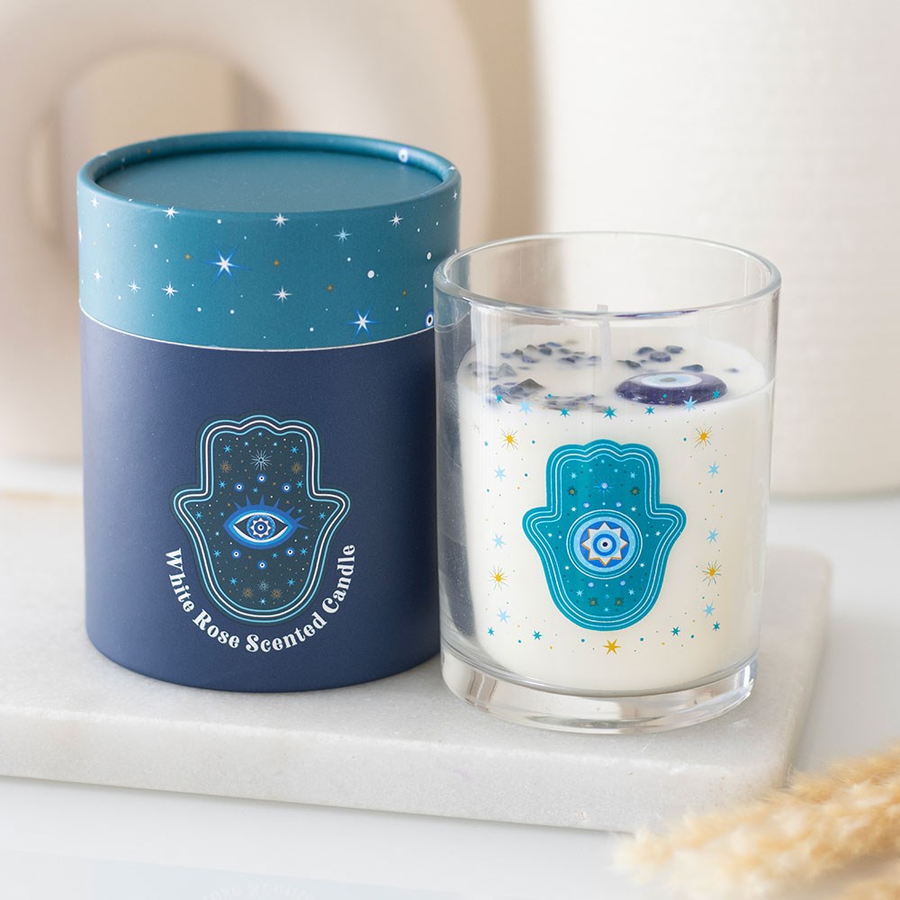 Ebros Wicca Hand of Hamsa Watchful Eye White Rose Scented Crystals Jar Candle