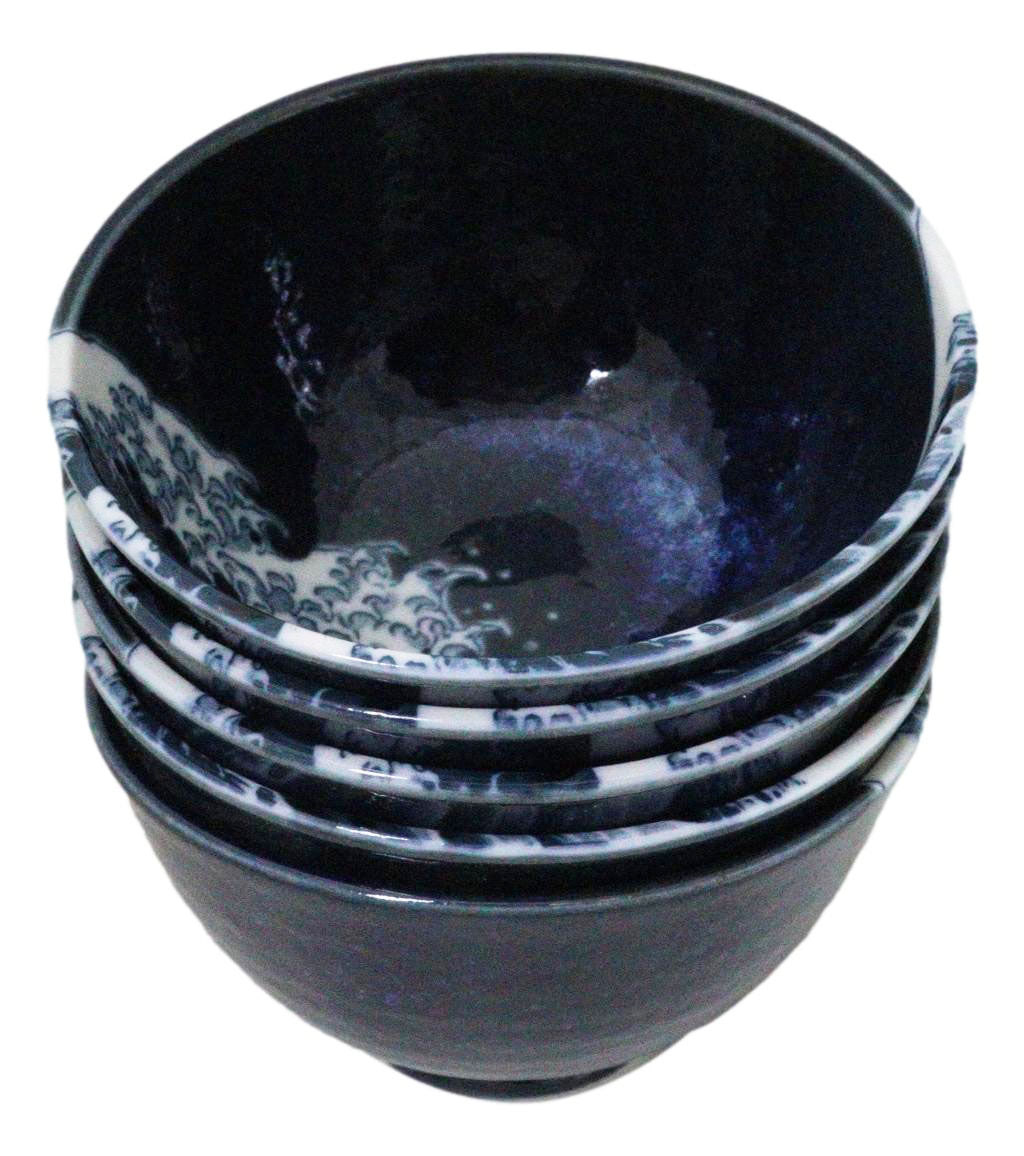 Set Of 5 Blue Japanese Hokusai Great Wave Porcelain Soup Rice Dessert Bowls 10oz