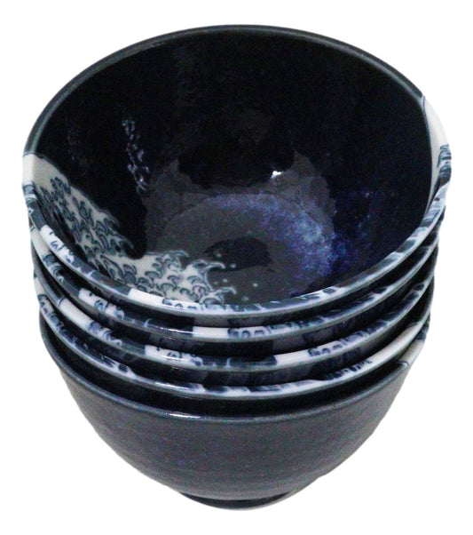 Set Of 5 Blue Japanese Hokusai Great Wave Porcelain Soup Rice Dessert Bowls 10oz