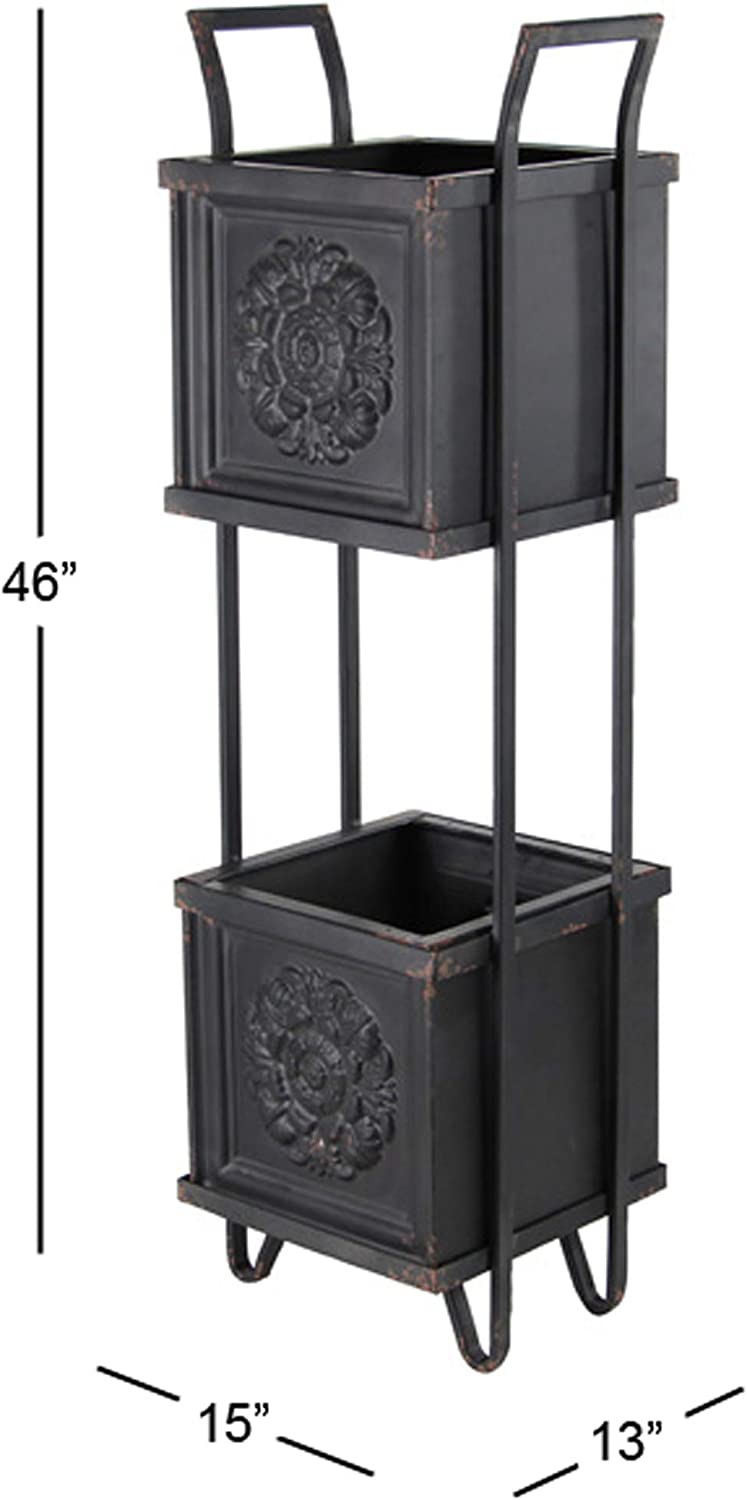 Rustic Farmhouse 2 Tiered Black Metal Box Planters With French Floral Design