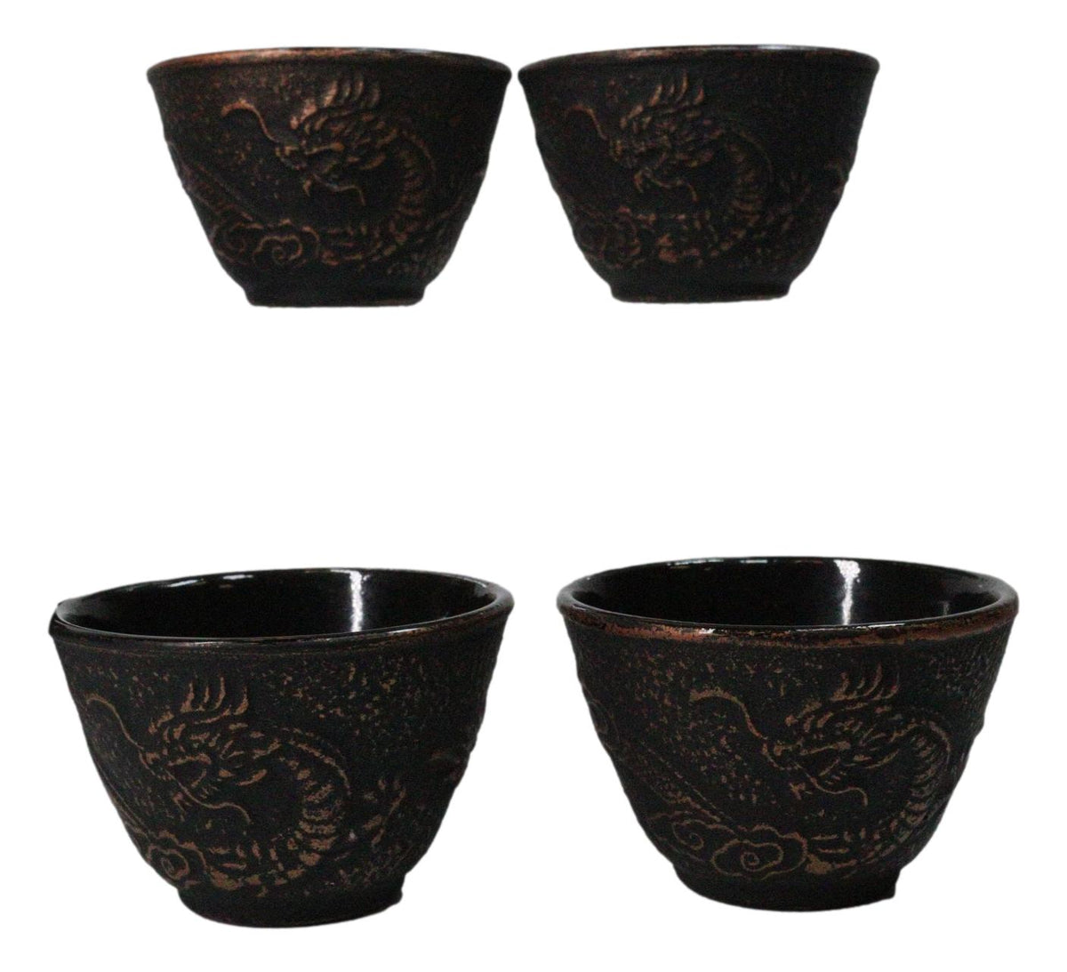 Bronze Oriental Dragon Design Tetsubin Cast Iron Teapot 33oz And 4 Tea Cups Set