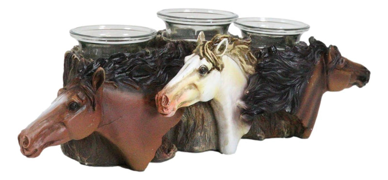 Rustic Western 3 Brown White Horses By Tree Logs Triple Votives Candle Holder