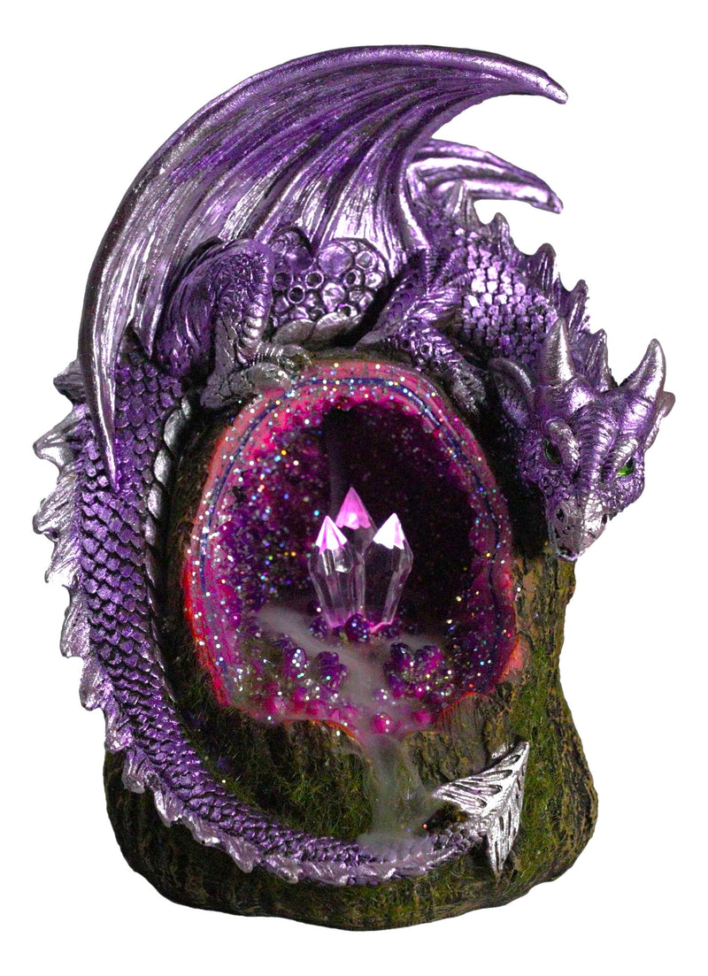 Fantasy Purple Moon Crater Dragon On Faux Geode Crystal Cove LED Light Figurine