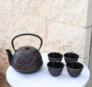 Bronze Oriental Dragon Design Tetsubin Cast Iron Teapot 33oz And 4 Tea Cups Set