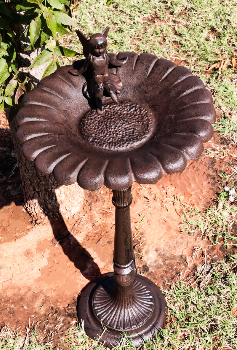 Cast Iron Pretty Garden Fairy Pixie On Sunflower Bird Feeder Bath Garden Statue