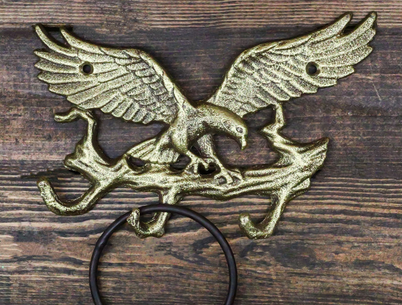 Cast Iron Rustic Gold American Patriotic Bald Eagle 3-Peg Coat Keys Wall Hooks