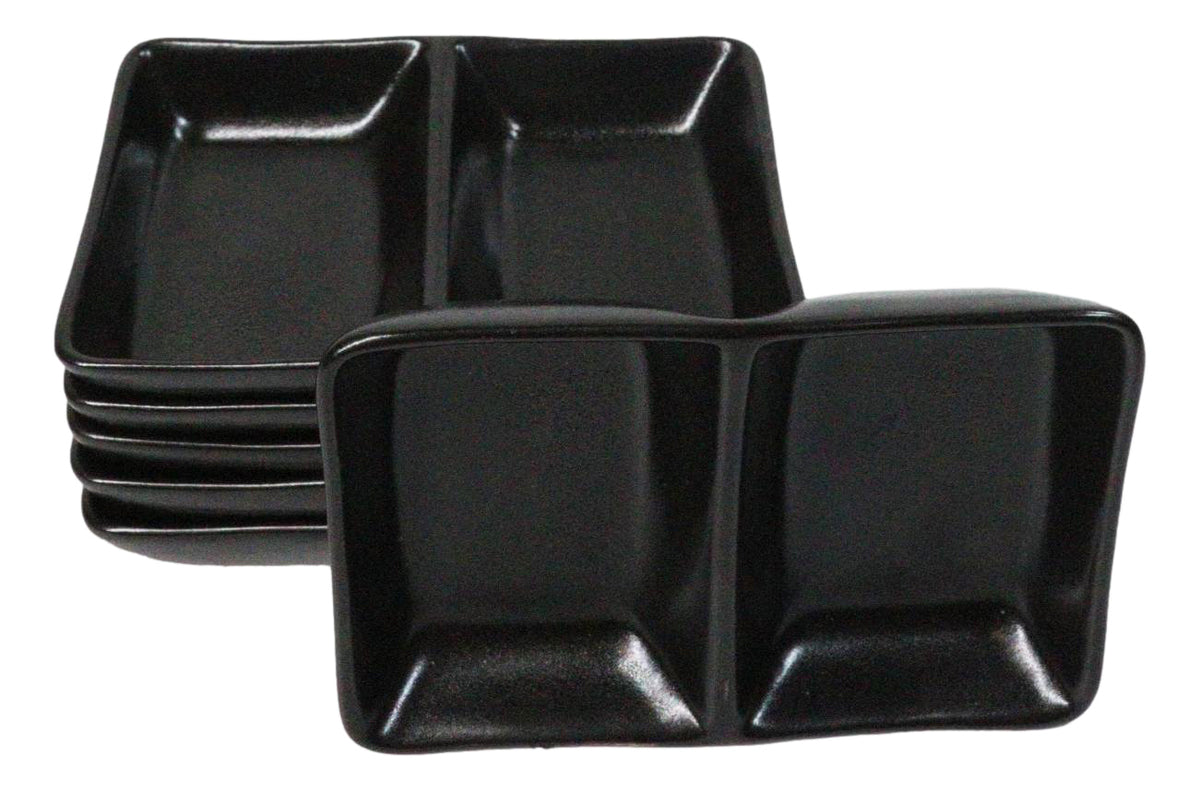 Pack Of 6 Ceramic Black Kokuyo Soy Sauce Or Condiment Dishes Double Partition