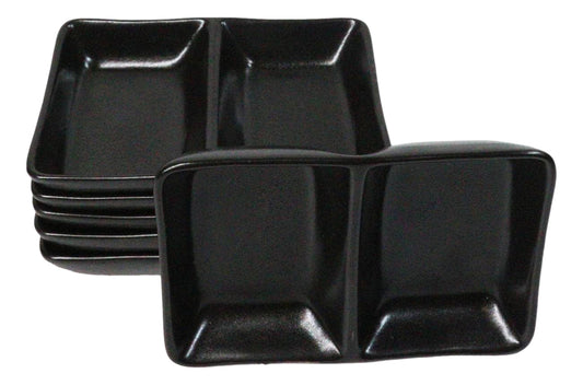 Pack Of 6 Ceramic Black Kokuyo Soy Sauce Or Condiment Dishes Double Partition