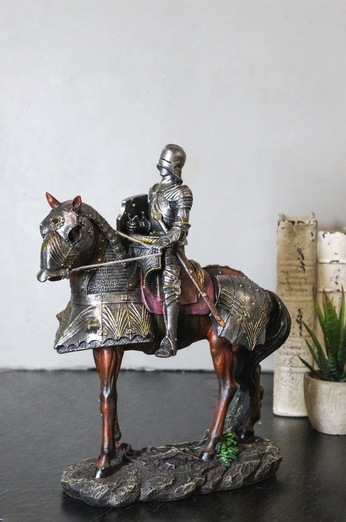 Ebros Gift Crusader Dark Knight on Armored Horse Medieval Cavalry Figurine