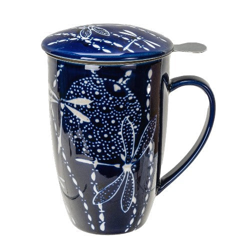 Blue Dragonfly Tombo 15oz Porcelain Tea Mug With Lid & Stainless Steel Infuser