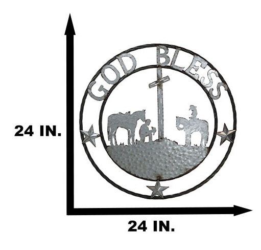 Large 24" Rustic Western Praying Cowboy Cowgirl God Bless Metal Wall Circle Sign