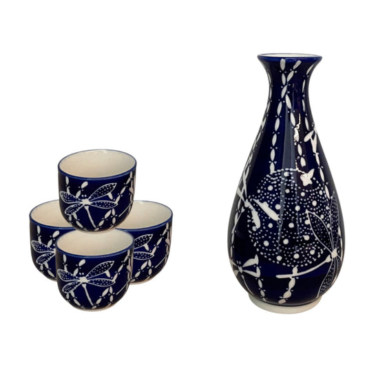 Dark Blue Tombo Dragonfly Porcelain Sake Carafe Flask And 4 Ochoko Cups Set
