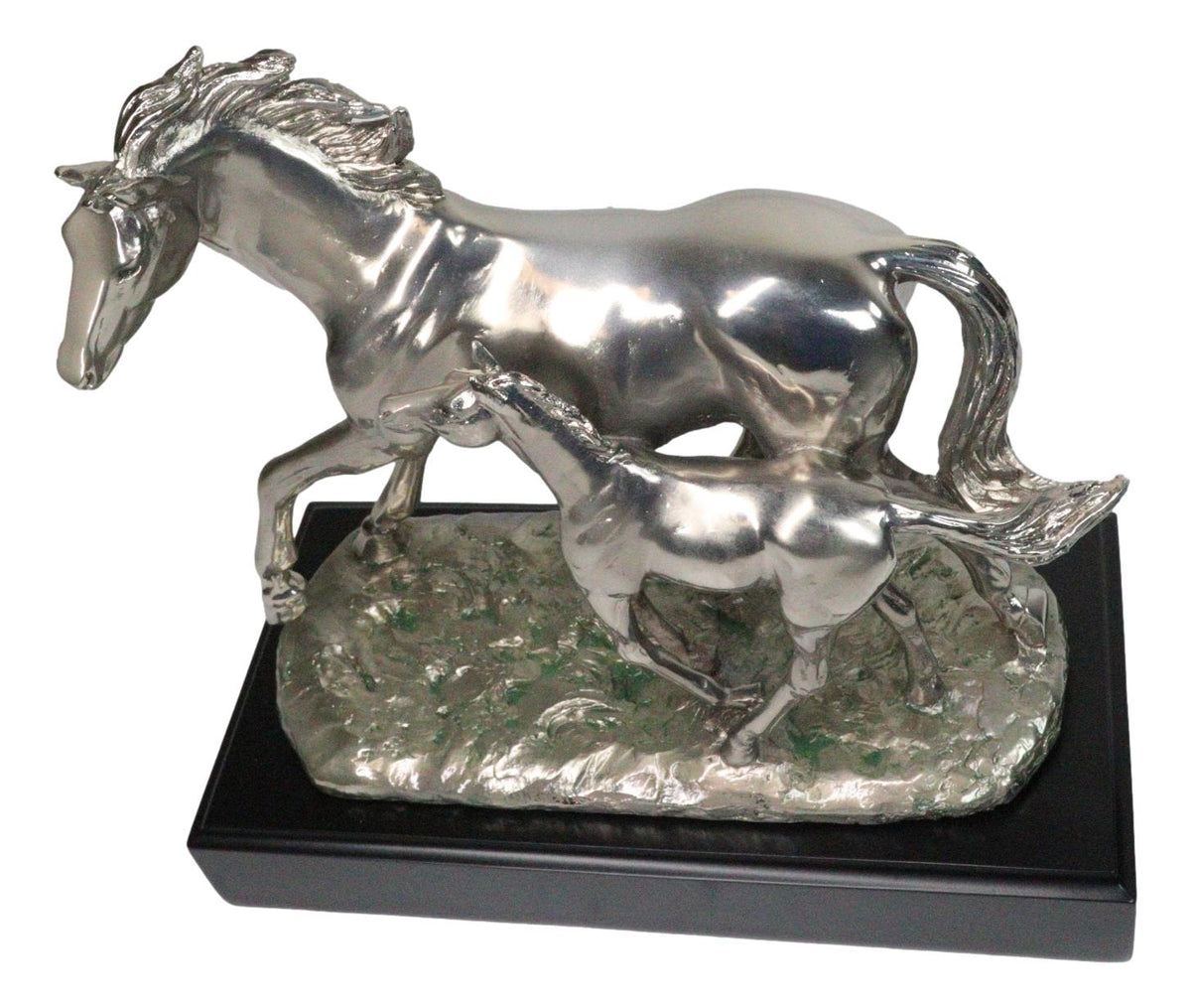 Western Horse and Foal Chrome Electroplated Resin Figurine With Museum Base