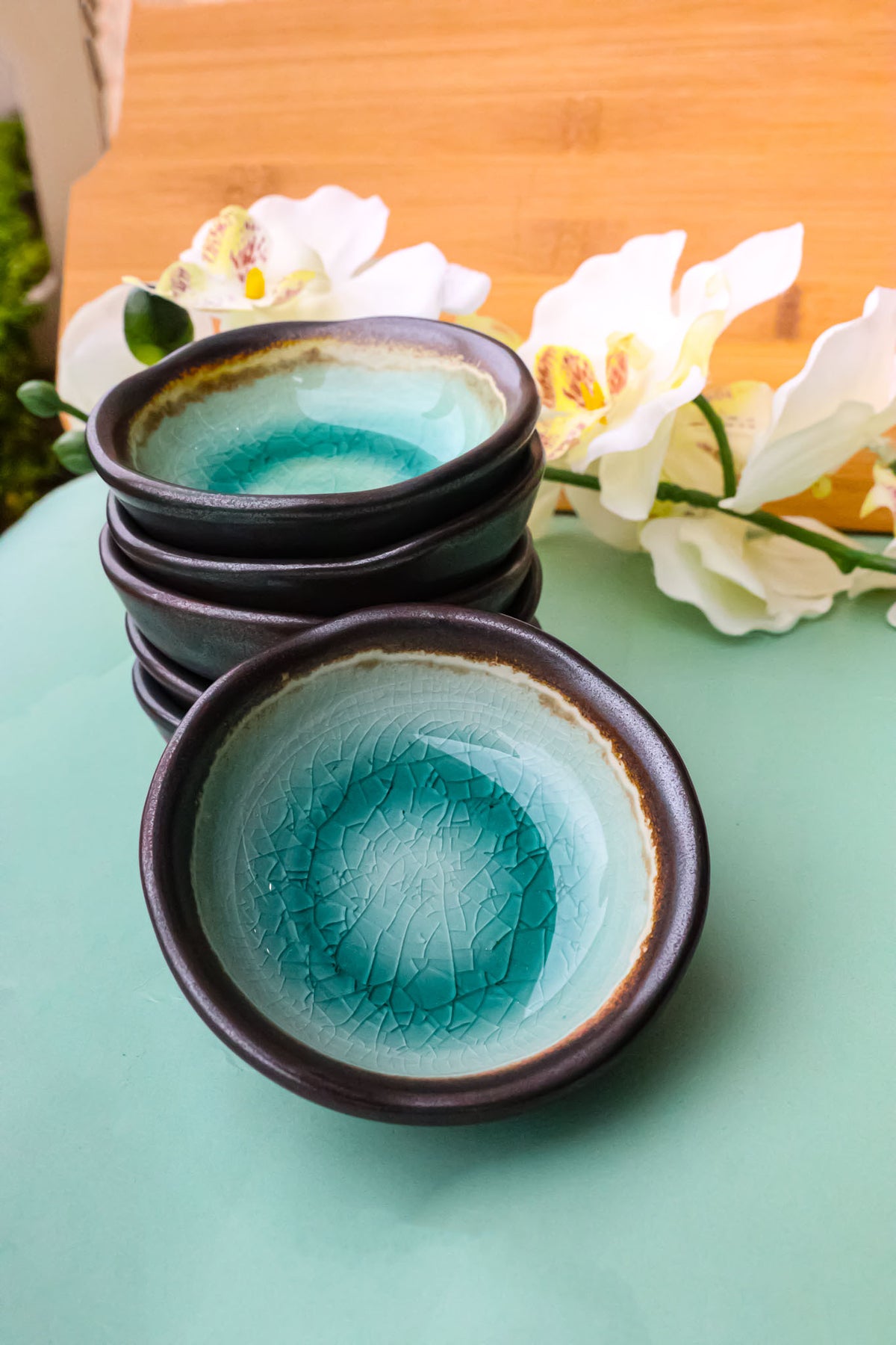 Pack Of 6 Green Crackle Midori Kannyu Wavy Round Condiment Sauce Dishes 2oz