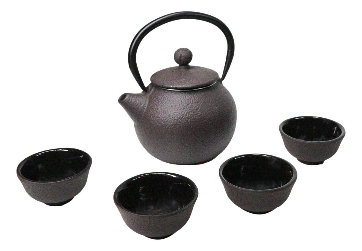 Round Dark Brown Textured Petite Cast Iron Teapot 10oz With 4 Mini Tea Cups Set