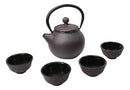 Round Dark Brown Textured Petite Cast Iron Teapot 10oz With 4 Mini Tea Cups Set