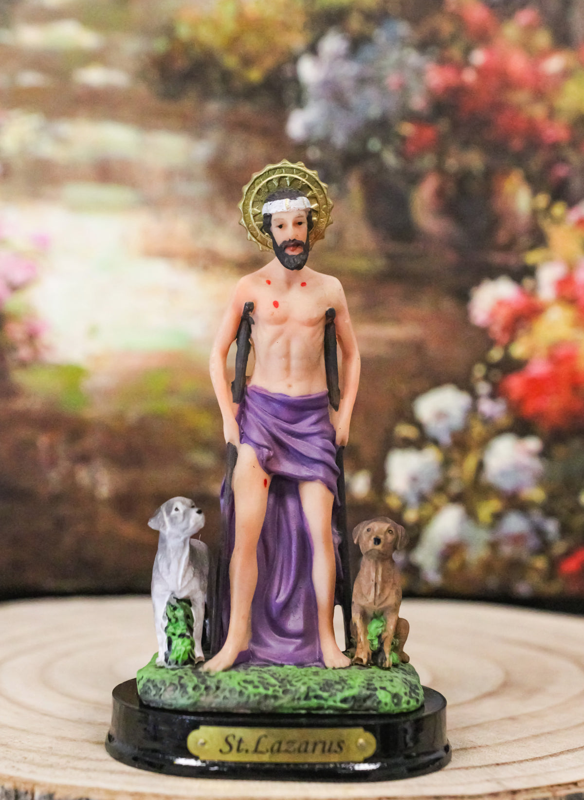 Catholic Saint Lazarus with Dogs and Sun Border Medal Figurine With Name Base - Ebros Gift