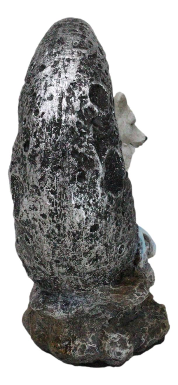 Winter Snow White Wolf With Pup Cub By Snowy Crater Crescent Moon Figurine