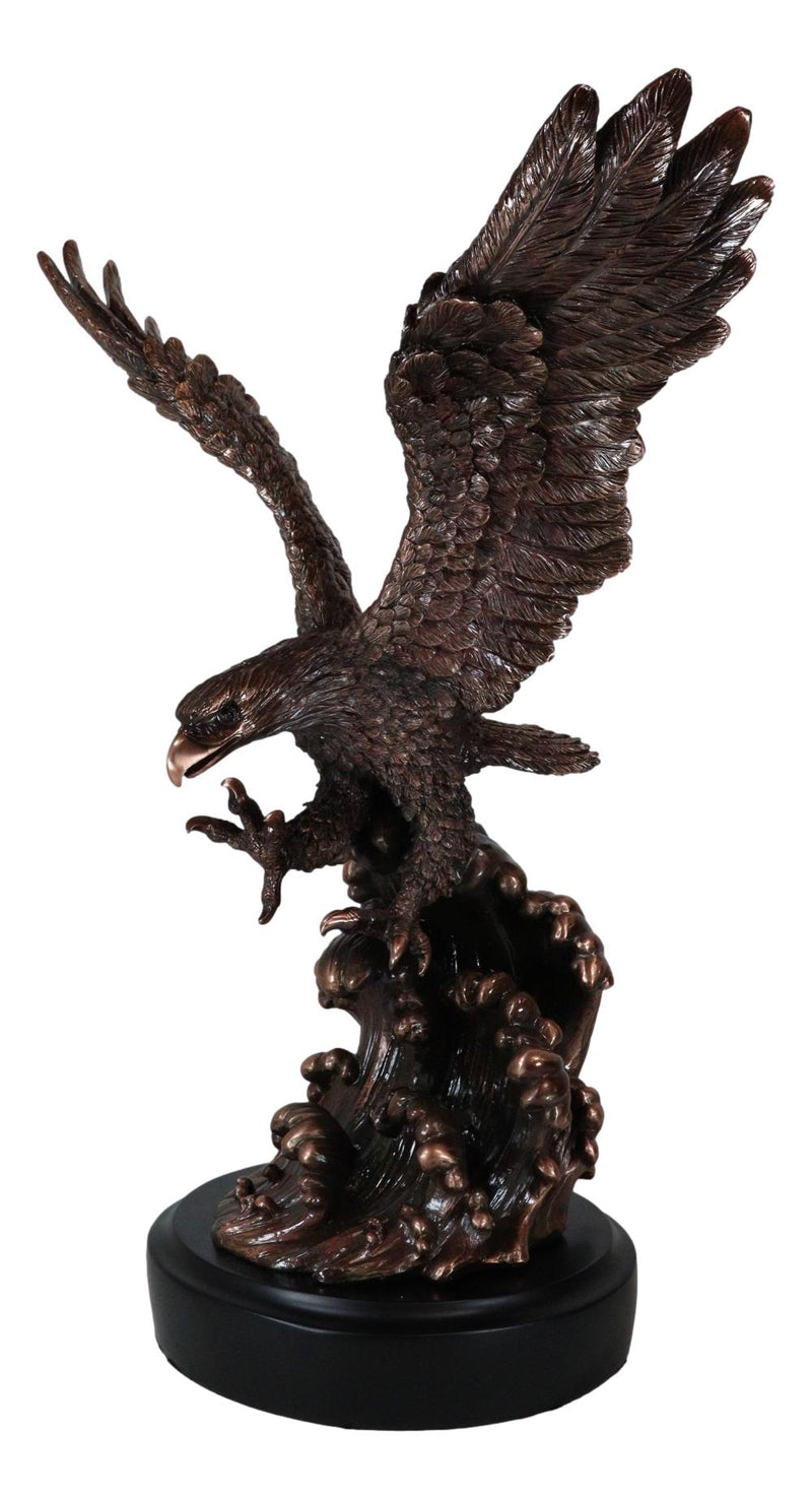 Patriotic Bald Eagle Swooping Into Ocean Waves Bronzed Resin Figurine With Base