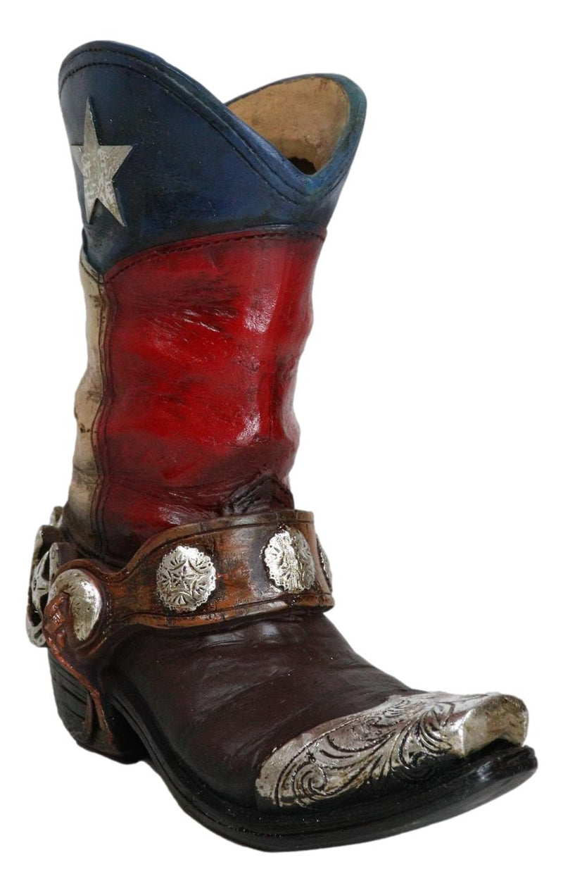Rustic Western Star Texas Patriot Cowboy Horseshoe Boot With Spur Vase Planter