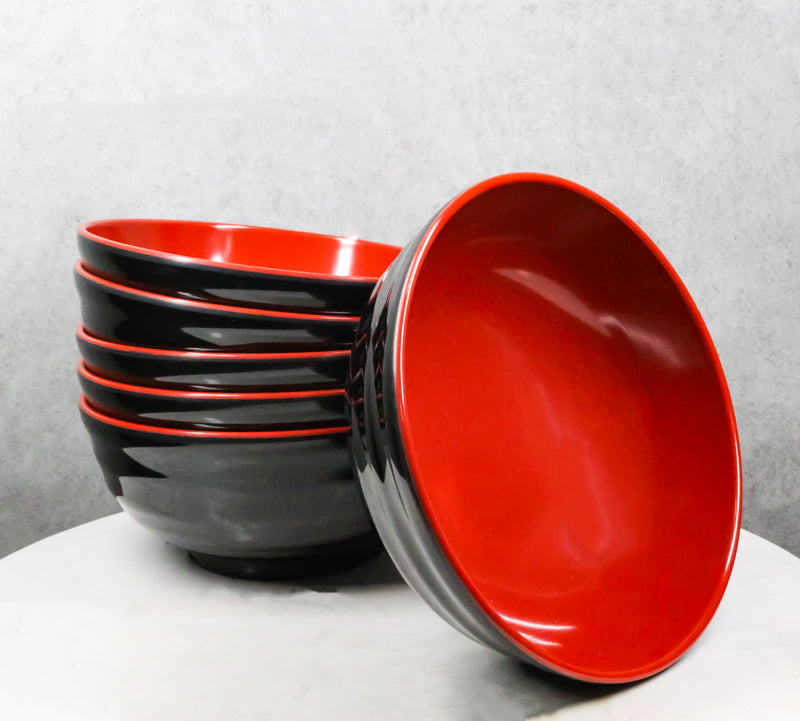 Set Of 6 Red And Black Round Ridged Body Soup Salad Rice Melamine Bowls 8"D