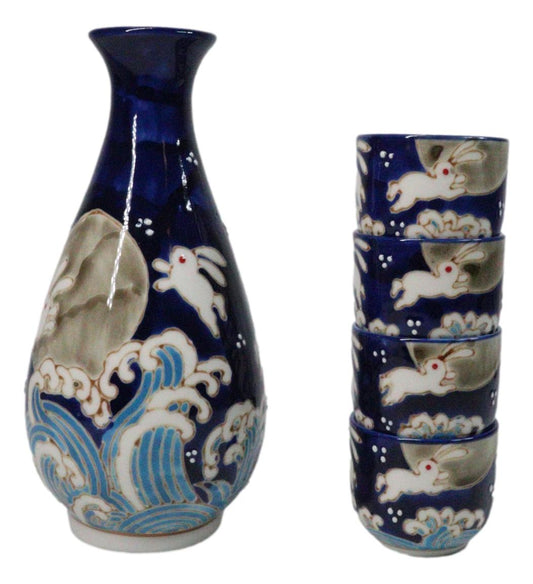 Blue Moon Rabbit With Waves Porcelain Sake Carafe Flask And 4 Ochoko Cups Set