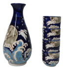 Blue Moon Rabbit With Waves Porcelain Sake Carafe Flask And 4 Ochoko Cups Set