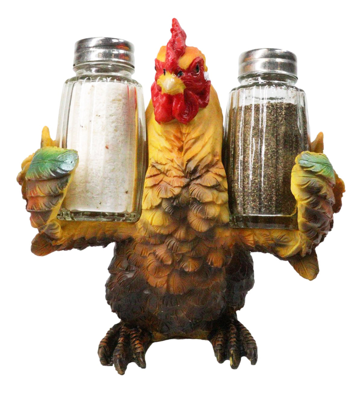Rustic Farmhouse Country Rooster Chicken Salt and Pepper Shakers Holder Set 7"H