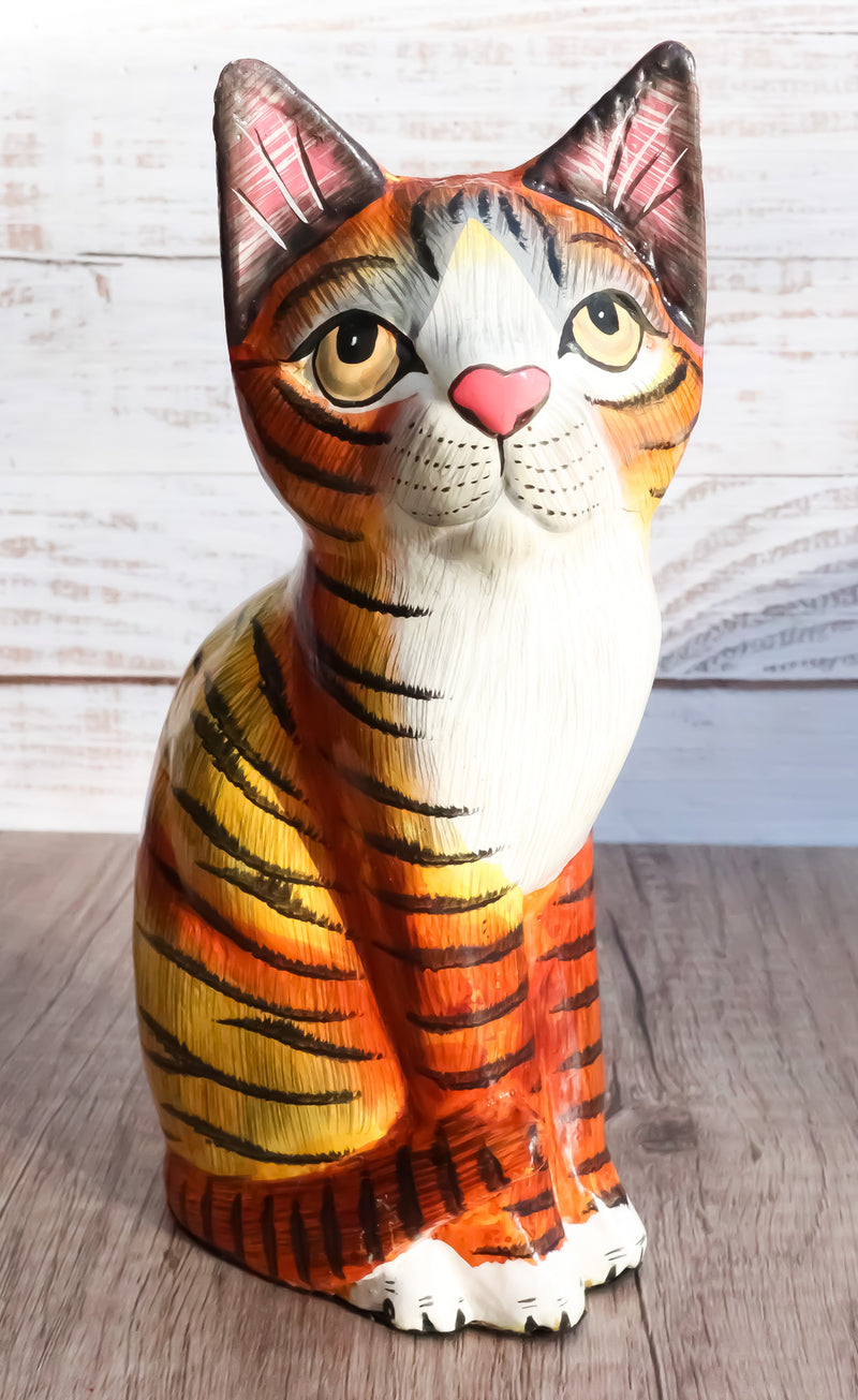 Balinese Wood Handicrafts Adorable Orange Tabby Feline Cat Purr Pet Figurine 8"H