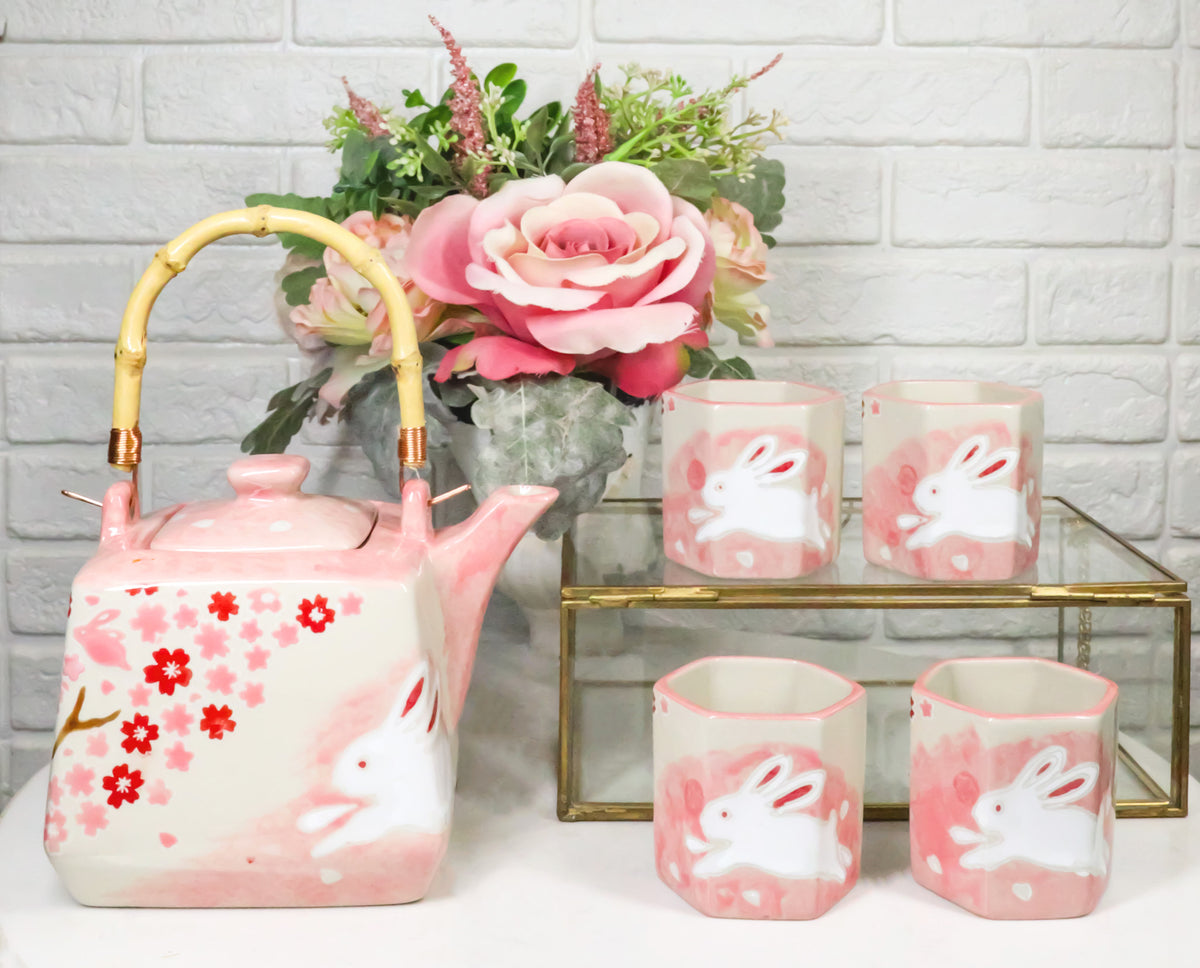 Pink Sakura Cherry Blossoms With Rabbit Hexagonal Teapot With 4 Tea Cups Set