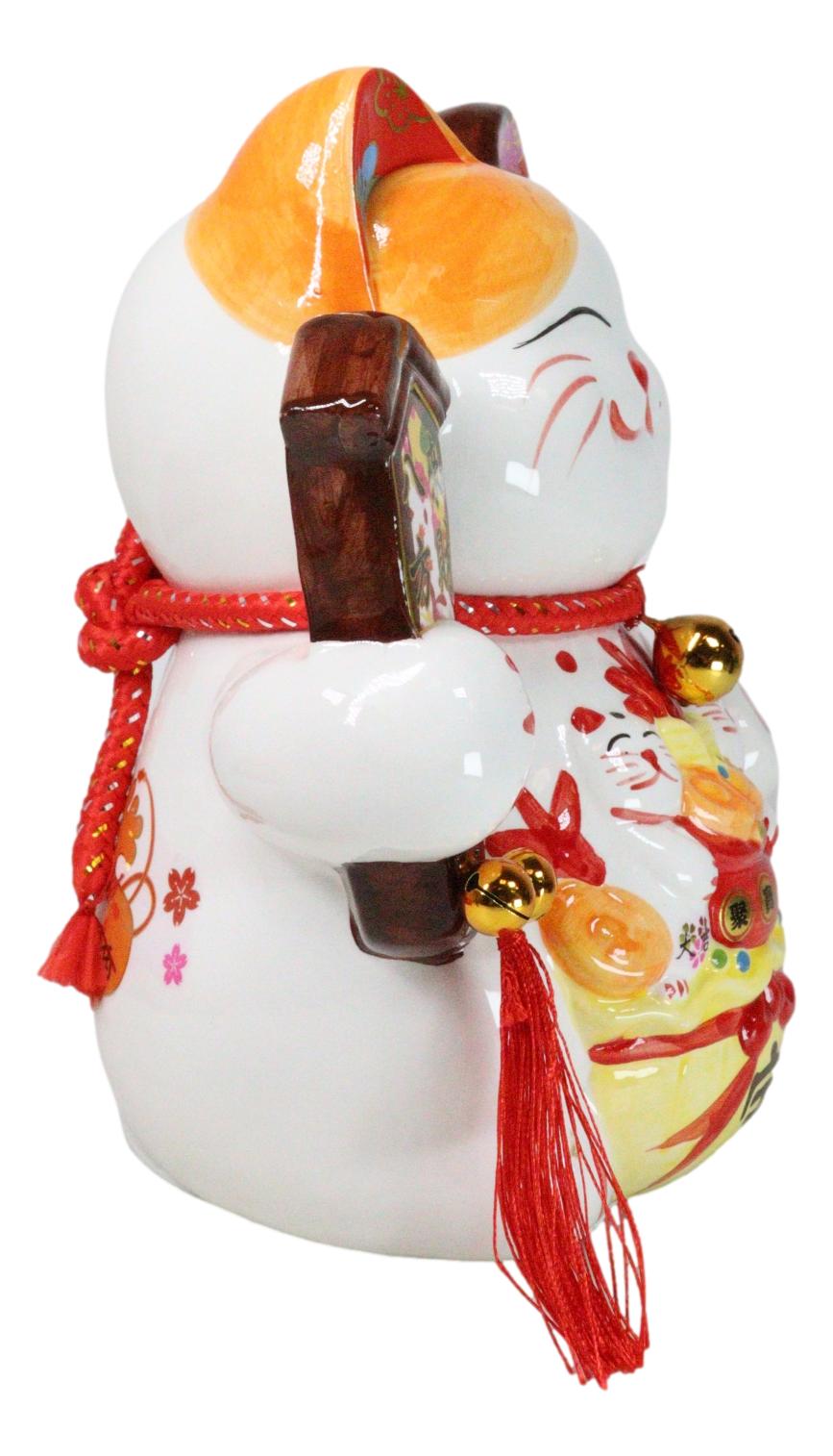 Japanese Lucky Charm White Beckoning Cat Maneki Neko With Waving Arm Figurine 9" - Ebros Gift