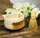 Cream Brown Brushstroke Ceramic Japanese Matcha Green Tea Bowl Whisk & Scoop Set