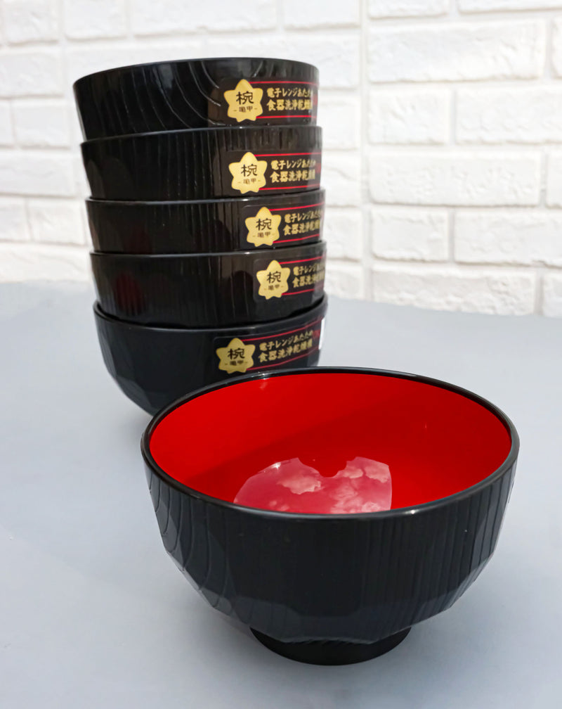 Japanese Black Red Lacquer Copolymer Plastic Rice Bowl Beehive Pattern Set Of 6