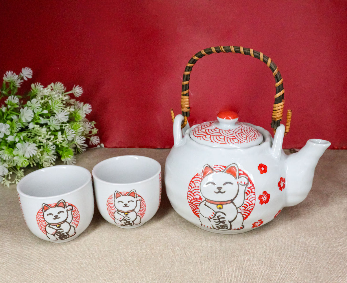 White Red Maneki Neko Lucky Cat Ceramic Tea Pot And 2 Cups Set Bamboo Handle