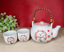 White Red Maneki Neko Lucky Cat Ceramic Tea Pot And 2 Cups Set Bamboo Handle