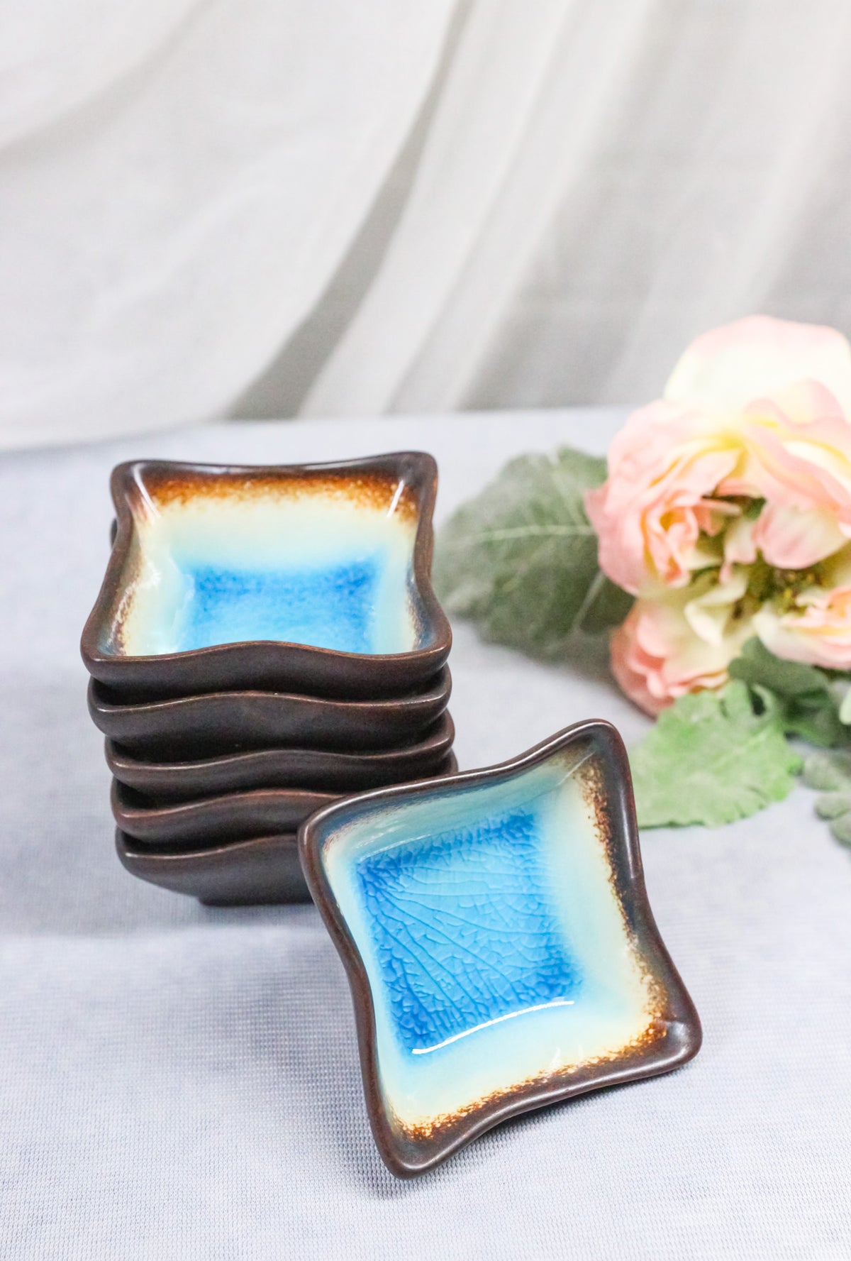 Set Of 6 Blue Sky Aozora Kannyu Ceramic Wavy Square Shaped Sauce Dishes 2.75"