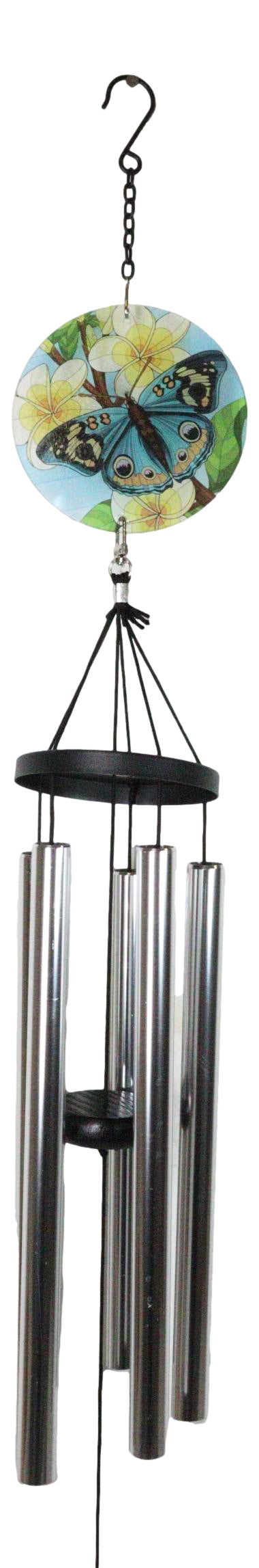 Blue Monarch Butterfly Colorful Art Glass Hanging Wind Chime With Metal Rods