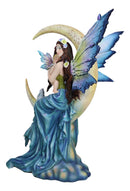 Crescent Moon Lullaby Mother Fairy in Blue Gown Embracing Her Child Baby Statue