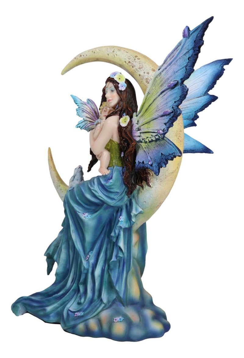 Crescent Moon Lullaby Mother Fairy in Blue Gown Embracing Her Child Baby Statue