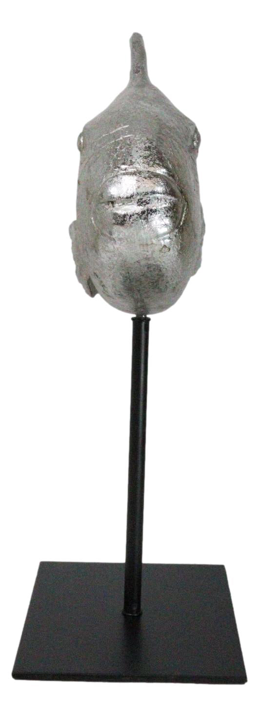 Nautical Marine Silver Tone Clown Triggerfish Fish Sculpture On Metal Pole Stand