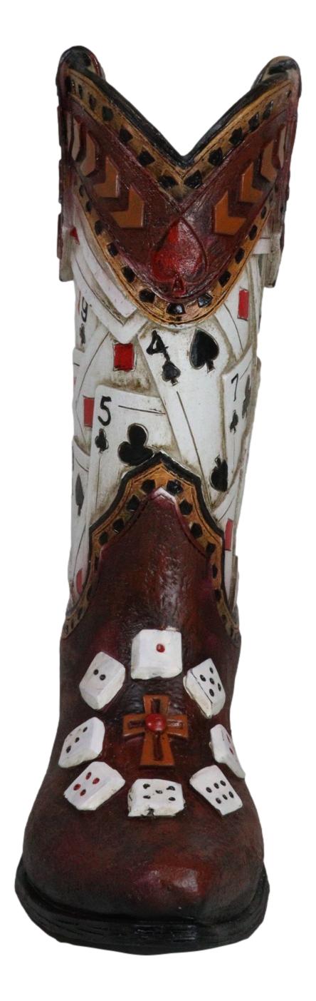 Rustic Western Gambler Casino Poker Cards Dice Cowboy Boot Vase Planter Figurine