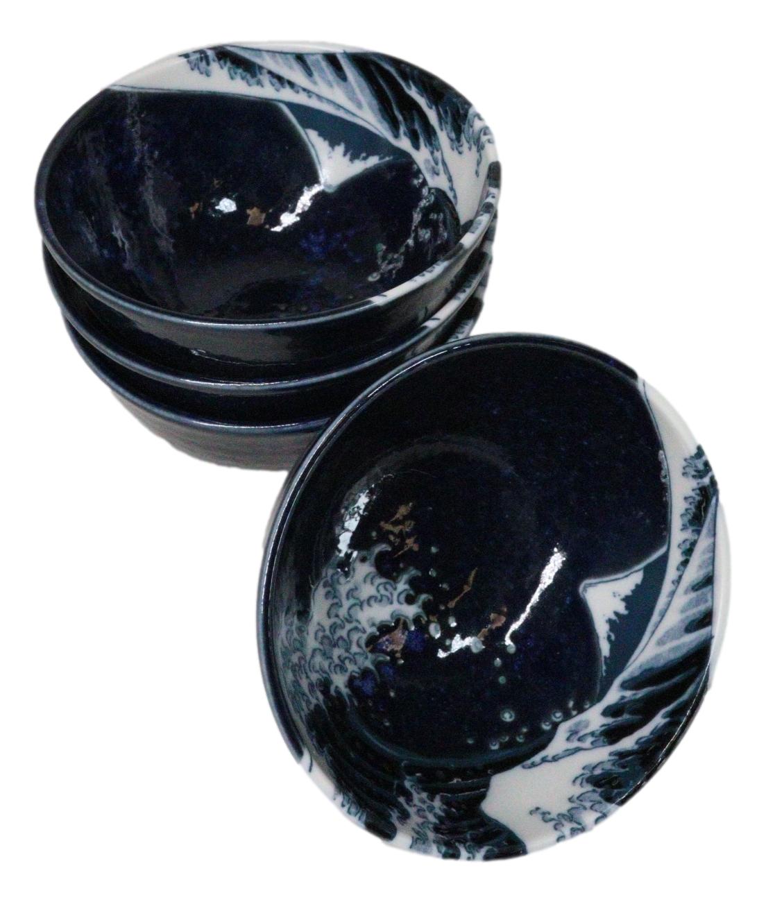 Set Of 4 Blue Japanese Hokusai Great Wave Porcelain Soup Rice Dessert Bowls 11oz