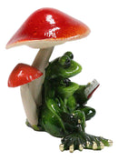 Story Time Green Frog Father Reading Book to Son By Toadstool Mushrooms Figurine