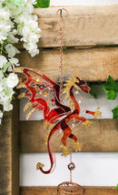 Medieval Fantasy Red Gold Fire Dragon Cross Art Glass Gemstones Metal Wind Chime