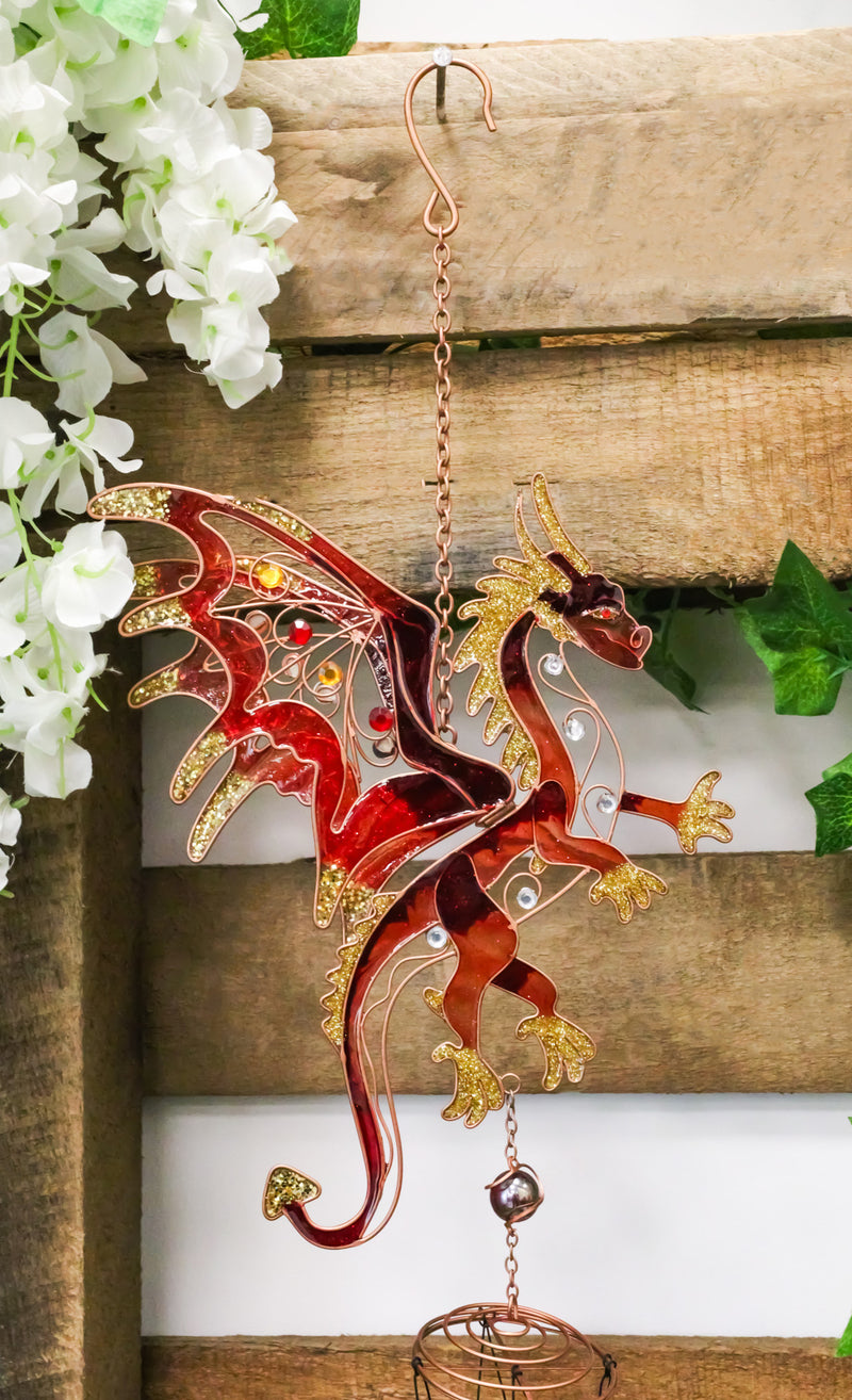 Medieval Fantasy Red Gold Fire Dragon Cross Art Glass Gemstones Metal Wind Chime