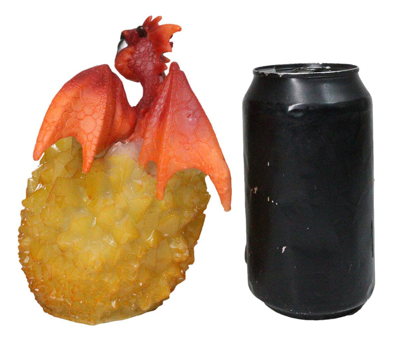 Whimsical Cute Red Baby Dragon Hatchling in Crystal Icicle Golden Egg Figurine