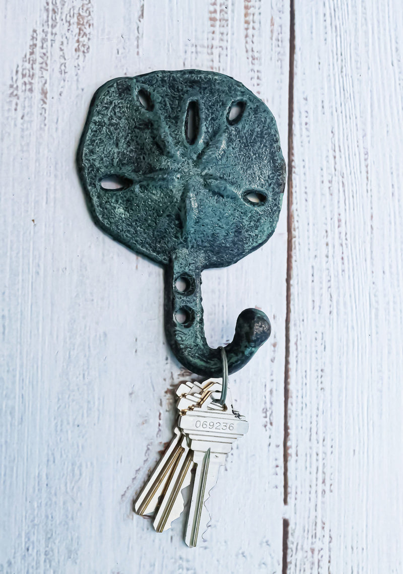 Set Of Two Cast Iron Verdigris Coastal Marine Sand Dollar Wall Coat Hook Hangers